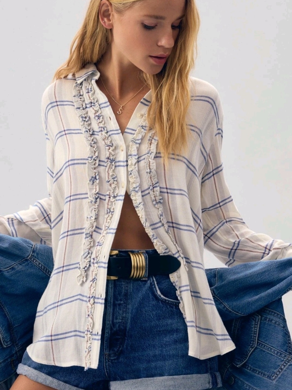 Pilcro Anthropologie Plaid Tuxedo Ruffle Buttondown Shirt